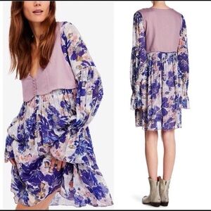Free People Floral Purple and Blue Women's Dress Tunic size medium